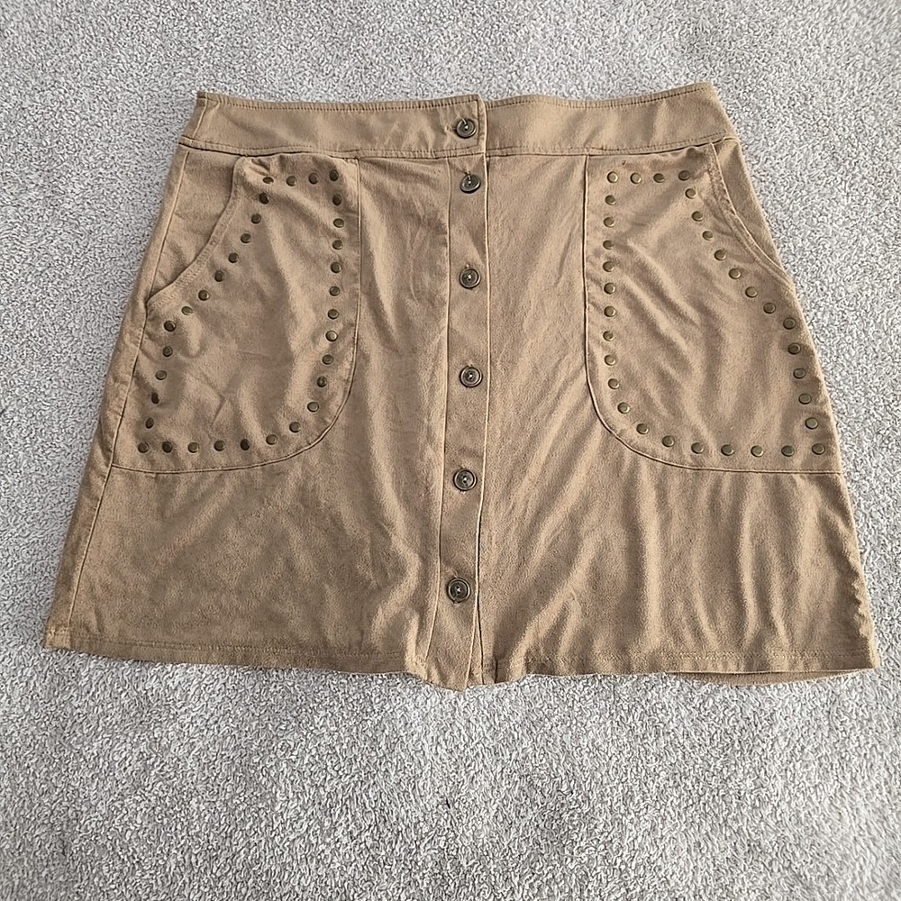 Wrangler Suede-like Brown Button Down Skirt Studded Size L Boho Festival Rodeo